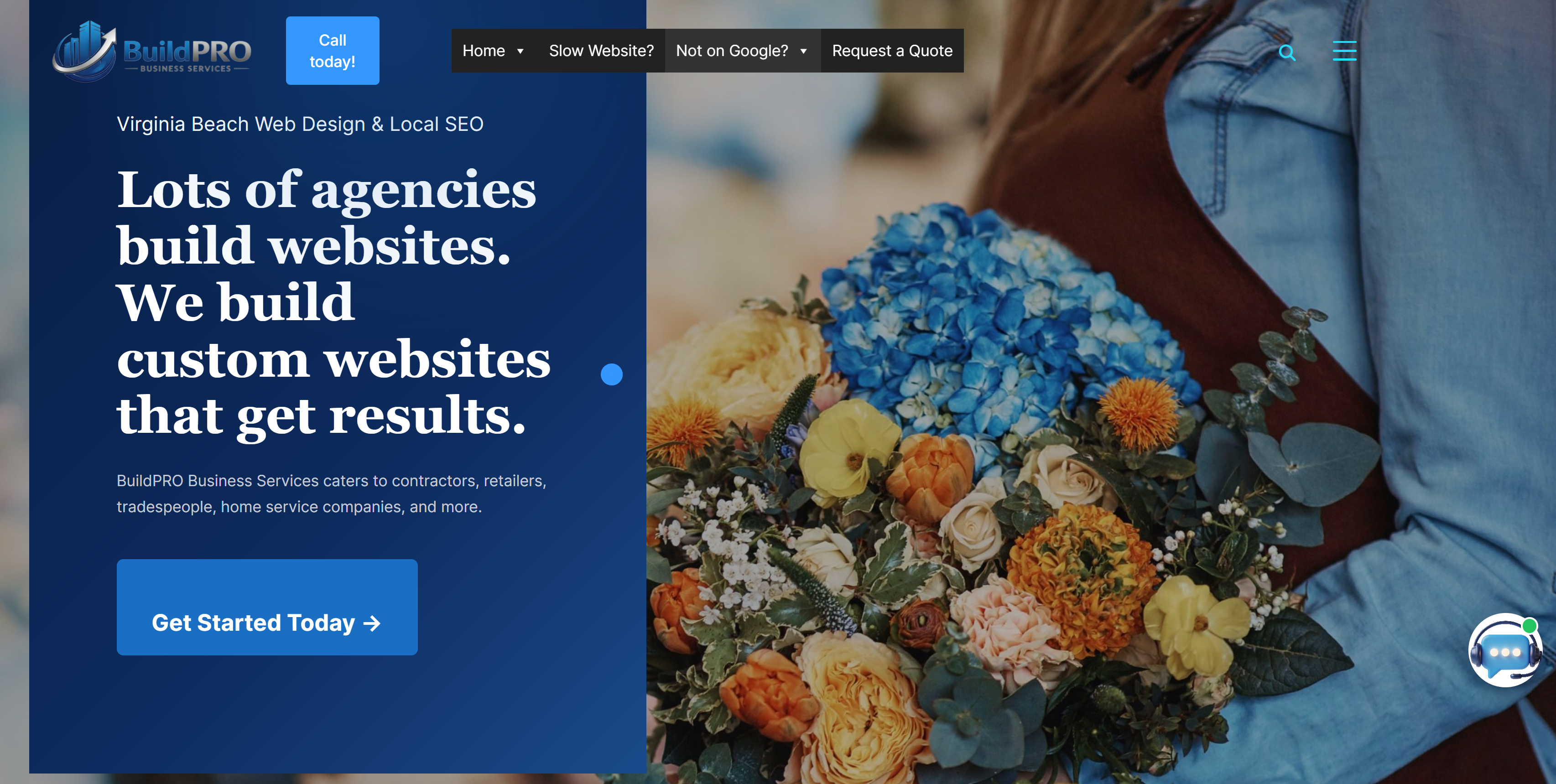 BuildPRO Business Services homepage, showing a floral bouquet beside the headline Lots of agencies build websites, we build custom websites that get results