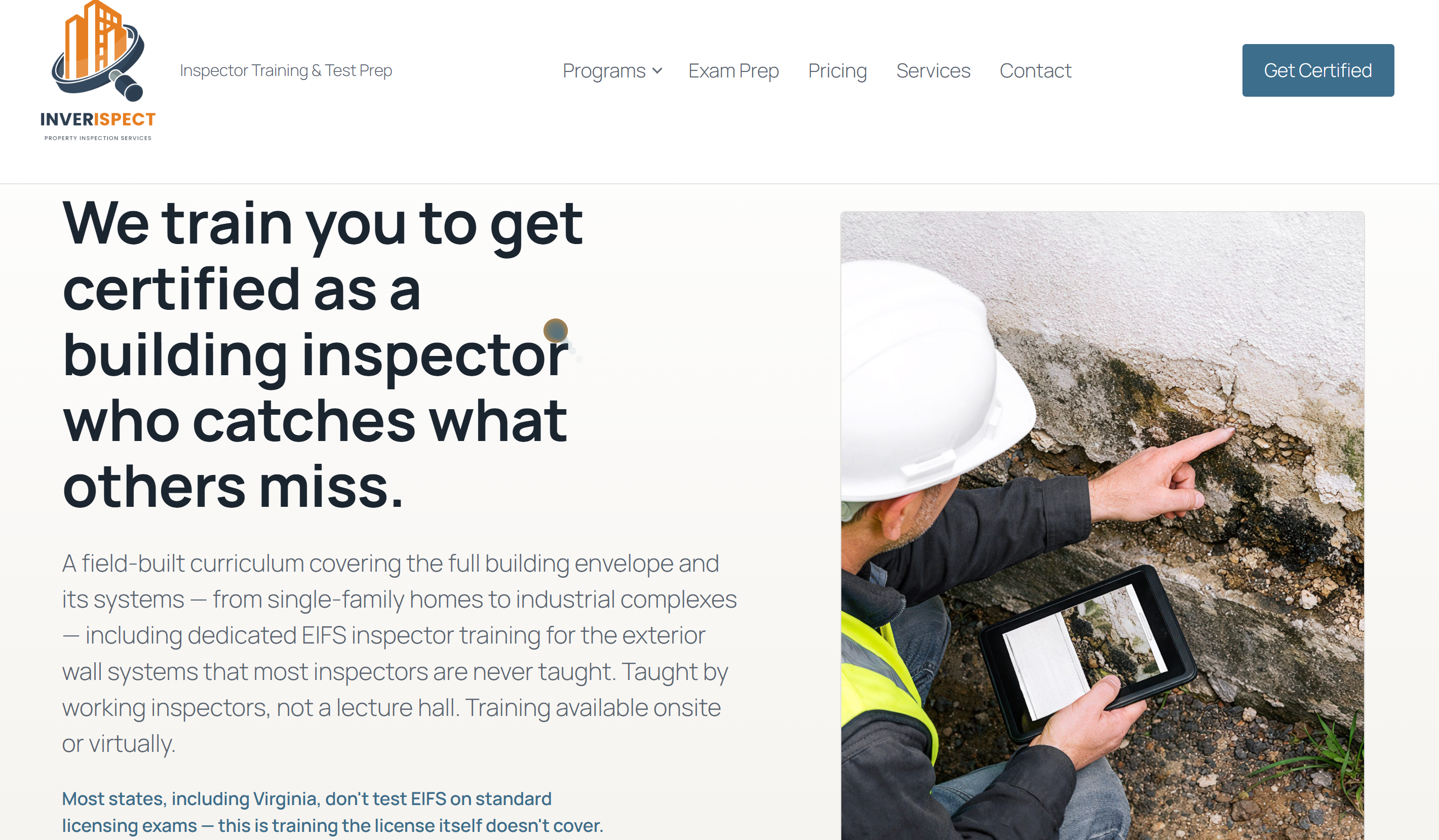 Inverispect homepage, showing an inspector examining a cracked stucco wall with the headline about training building inspectors